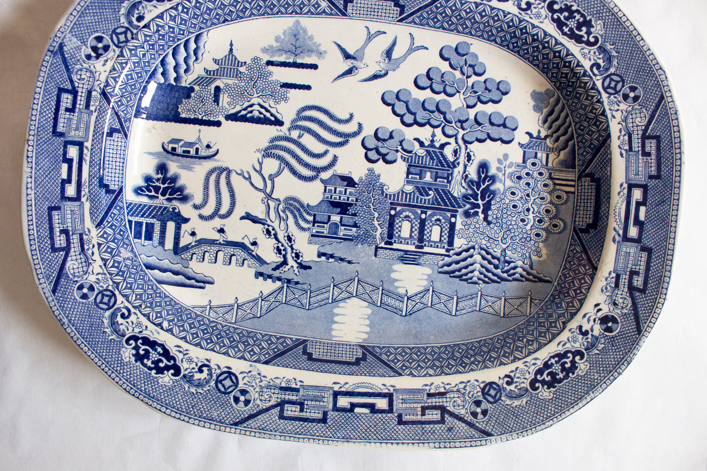 Antique 'Willow' Pattern Blue and White Transferware Serving Platter,