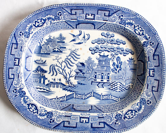 Antique 'Willow' Pattern Blue and White Transferware Small Serving Platter