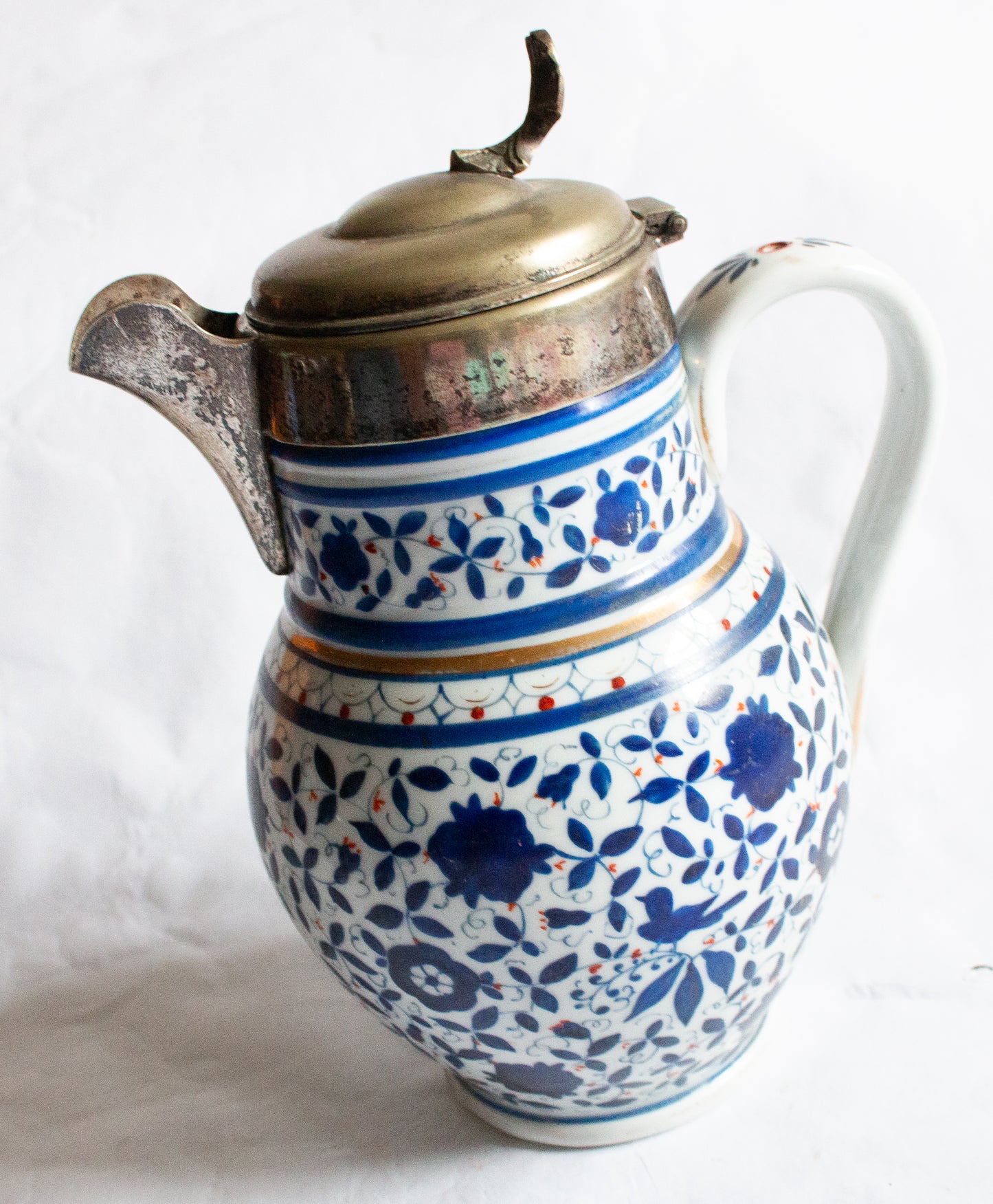 Vintage Blue and White Jug with Silver Plated Lid