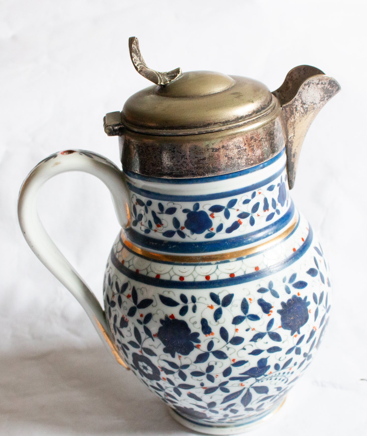 Vintage Blue and White Jug with Silver Plated Lid