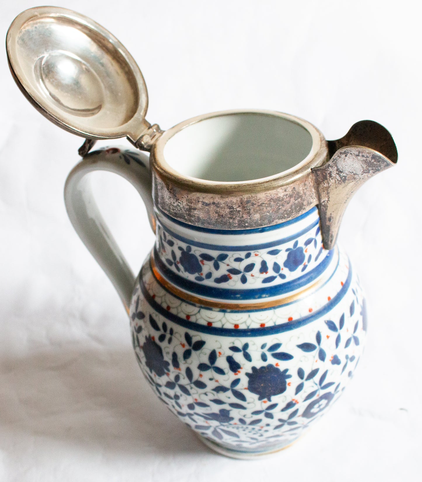 Vintage Blue and White Jug with Silver Plated Lid