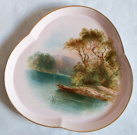 Bodley China Antique Decorative Pink Plate with Painted River Scene