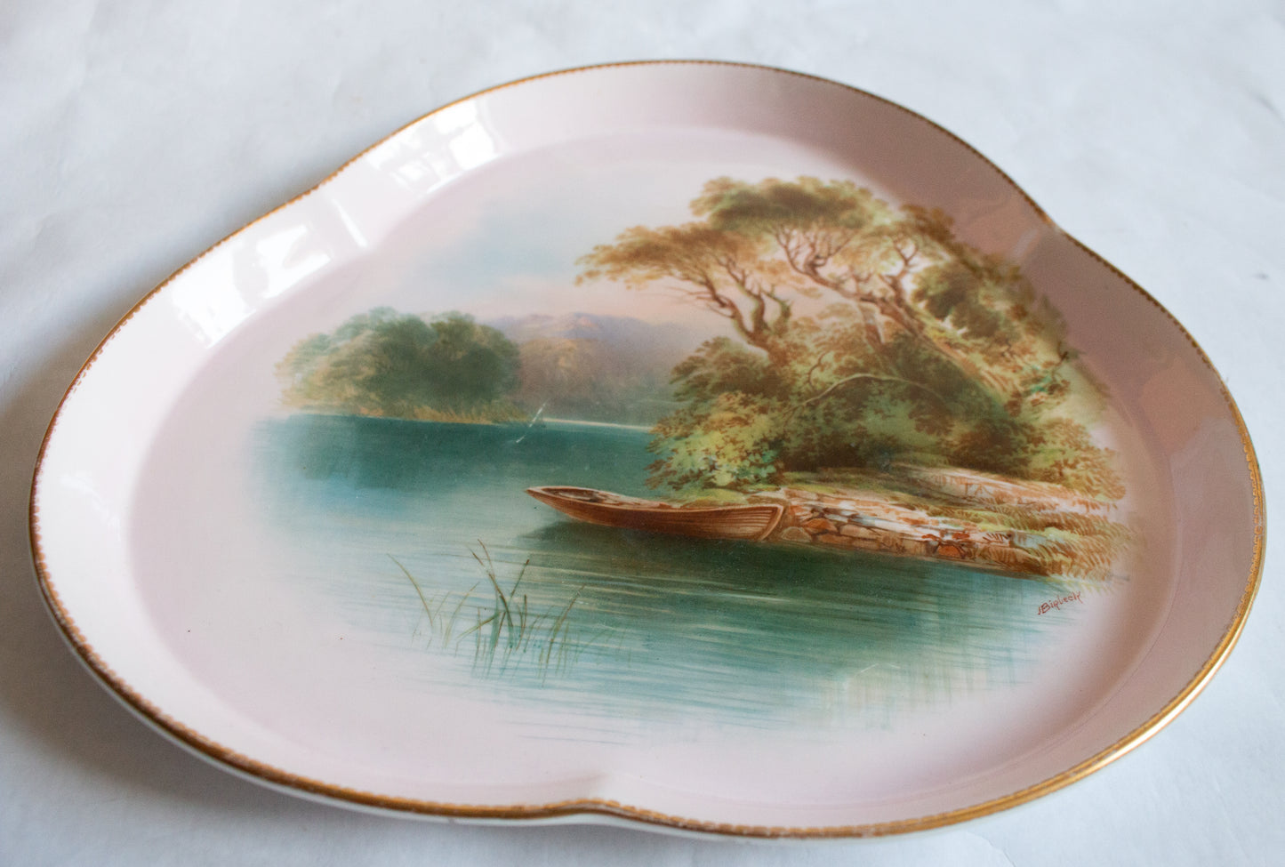 Bodley China Antique Decorative Pink Plate with Painted River Scene