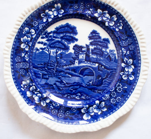 Spode's 'Tower' Pattern Blue and White Transferware 10.5" Plate with White Gadrooned Rim