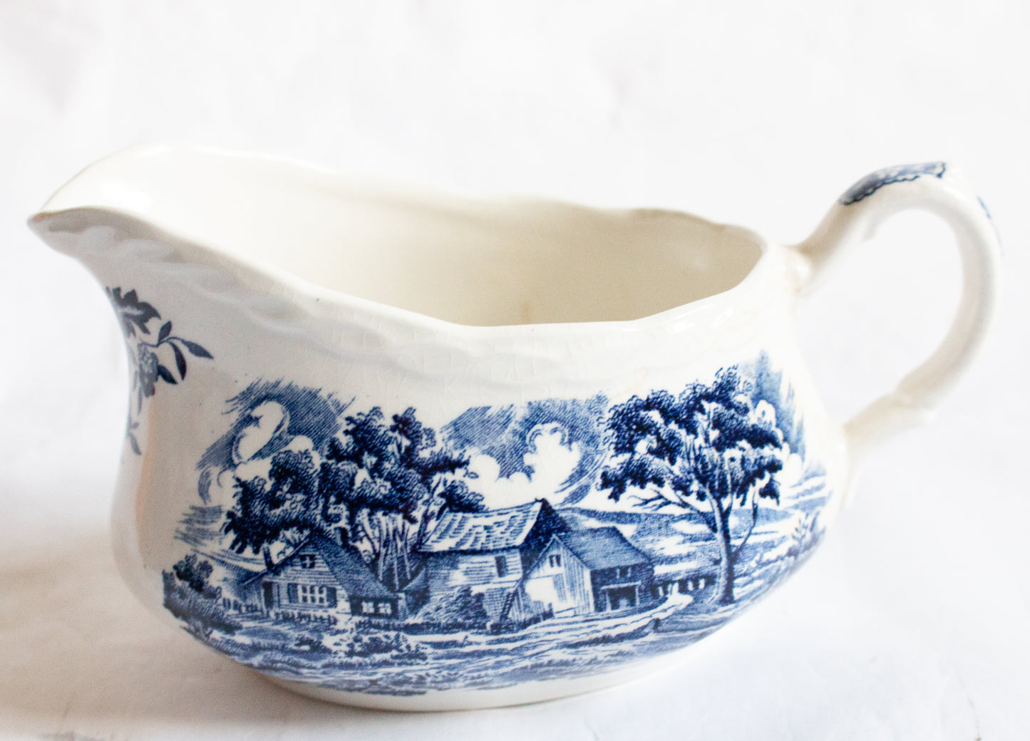 W. H. Grindly & Co. 'Country Style' Pattern Blue and White Transferware Gravy Boat or Sauce Jug