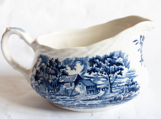 W. H. Grindly & Co. 'Country Style' Pattern Blue and White Transferware Gravy Boat or Sauce Jug