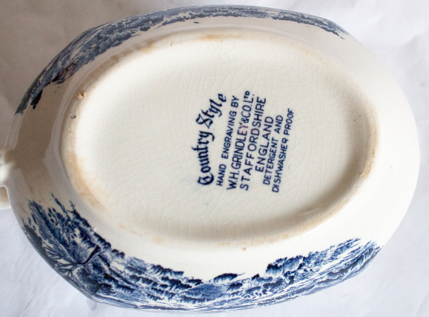 W. H. Grindly & Co. 'Country Style' Pattern Blue and White Transferware Gravy Boat or Sauce Jug