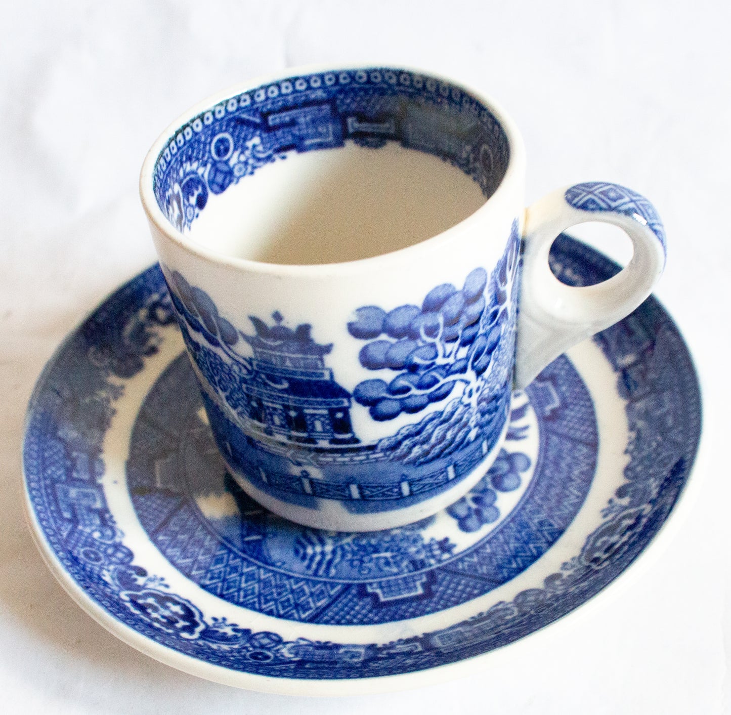 Allertons 'Willow' Pattern Blue and White Transferware Coffee Cup and Saucer