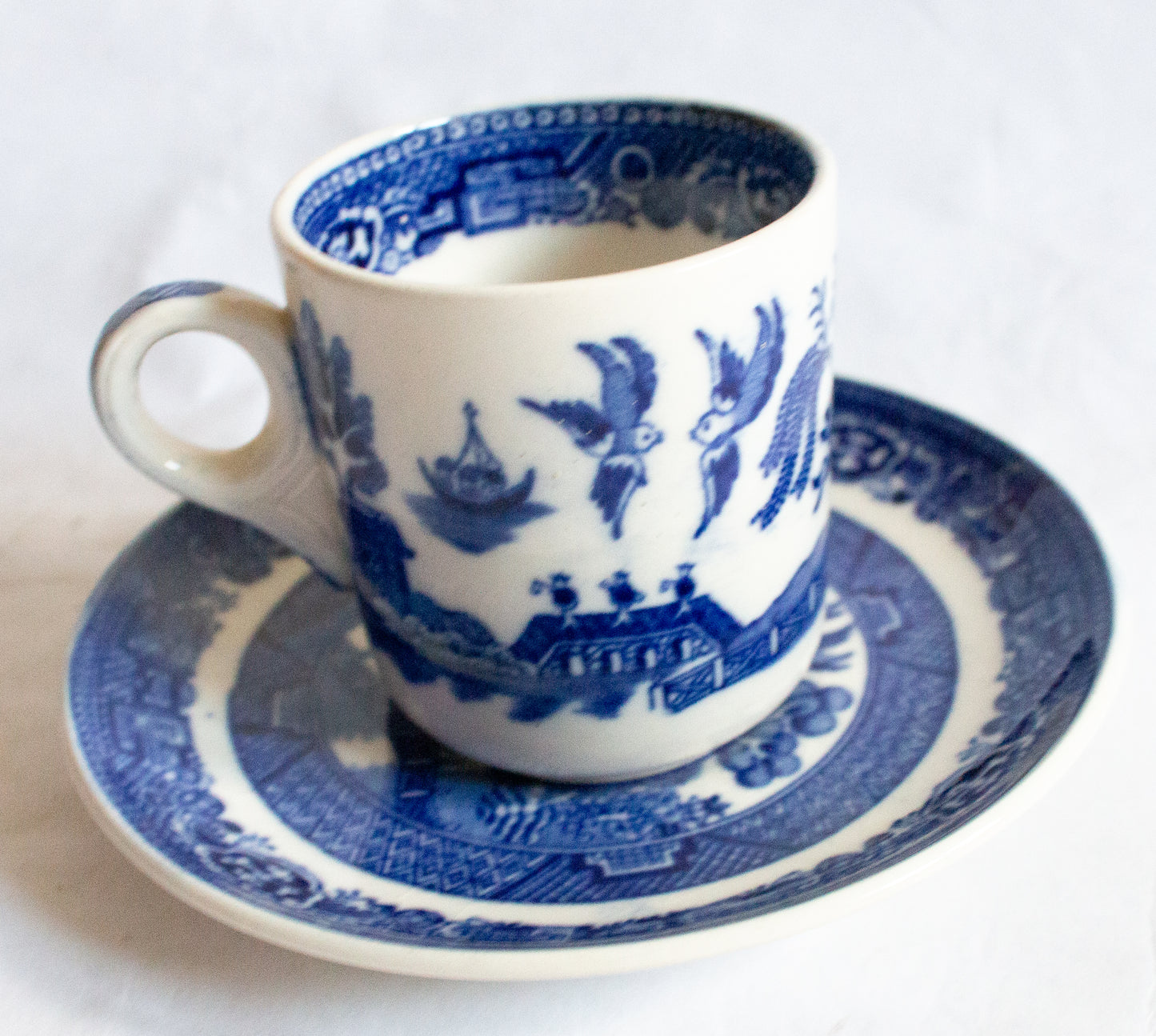 Allertons 'Willow' Pattern Blue and White Transferware Coffee Cup and Saucer