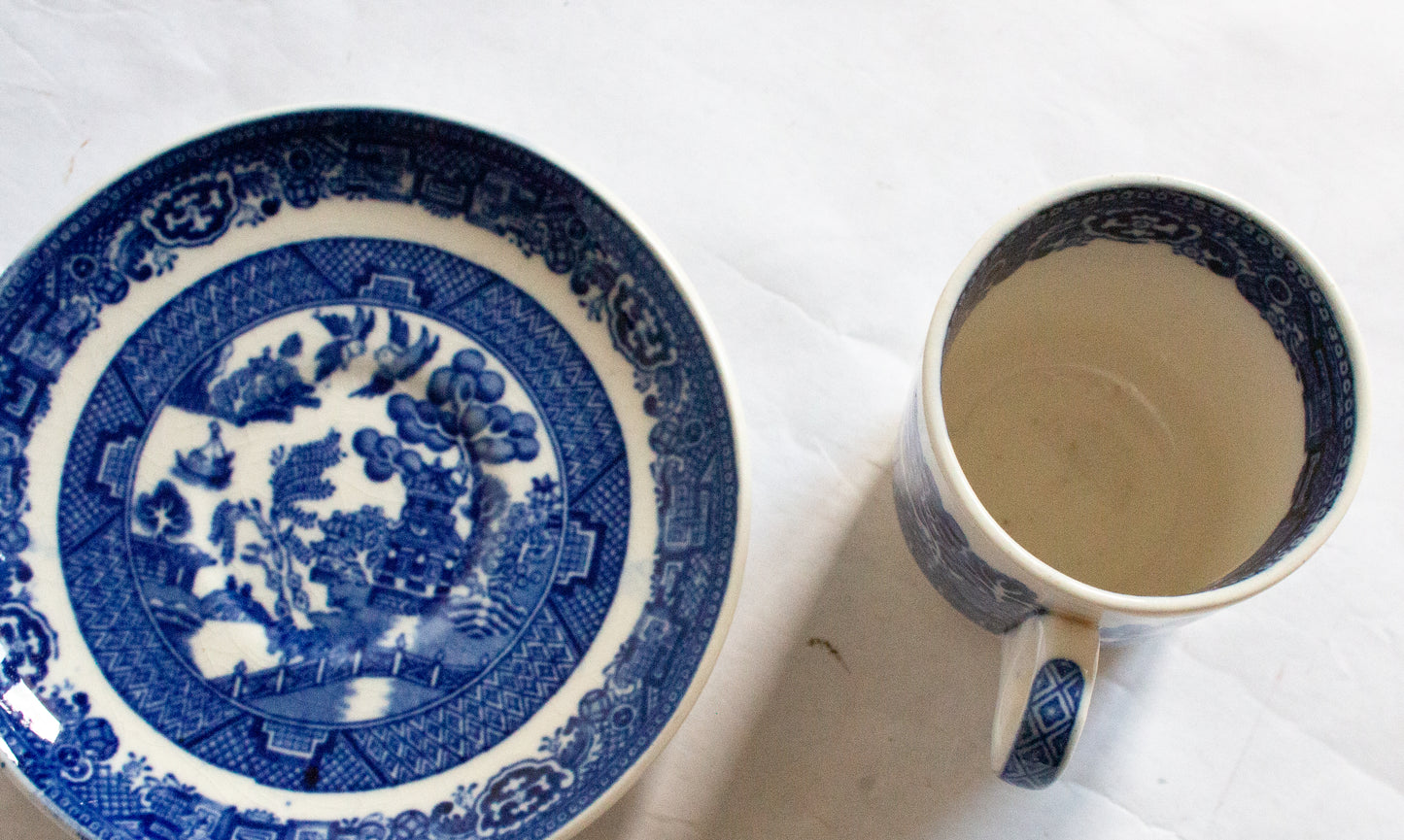 Allertons 'Willow' Pattern Blue and White Transferware Coffee Cup and Saucer