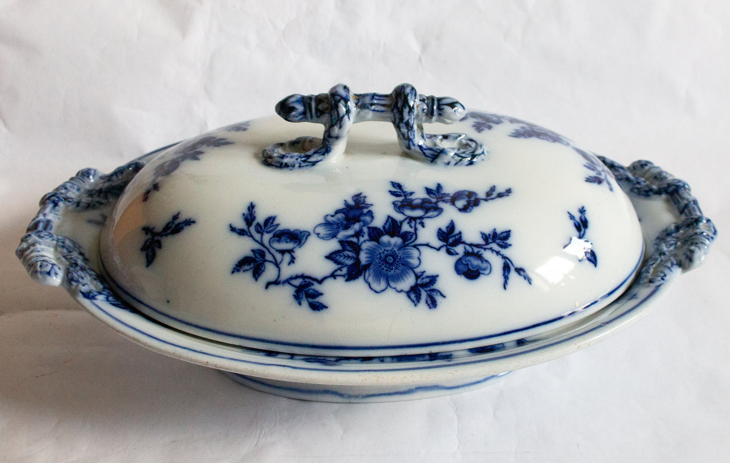 Antique Flow Blue and White Transferware Lidded Serving Tureen