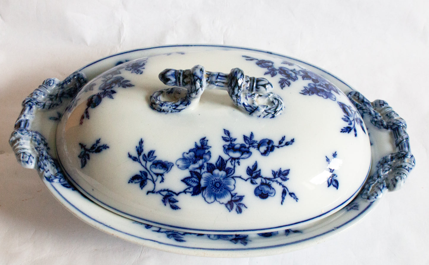 Antique Flow Blue and White Transferware Lidded Serving Tureen