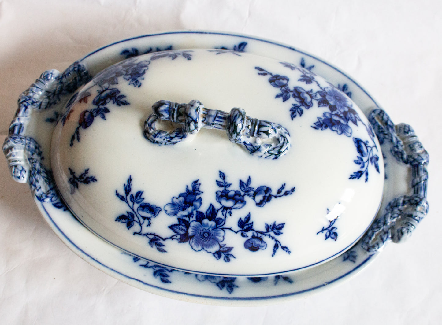 Antique Flow Blue and White Transferware Lidded Serving Tureen