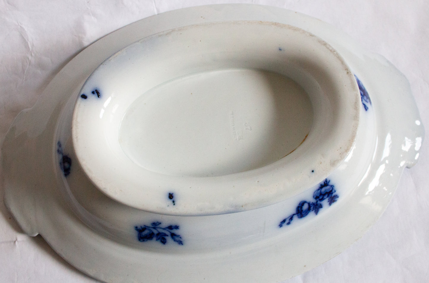 Antique Flow Blue and White Transferware Lidded Serving Tureen