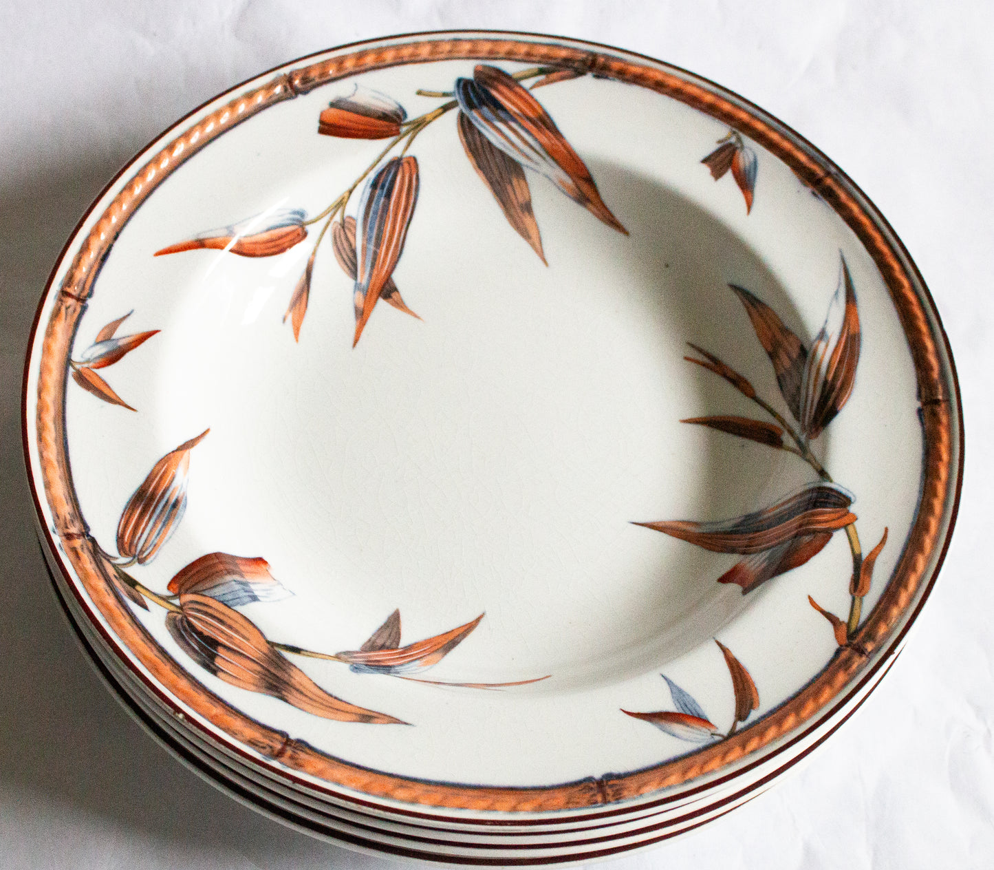 Antique Minton 'Bamboo' Pattern Ironstone Rimmed Soup Bowls (4)