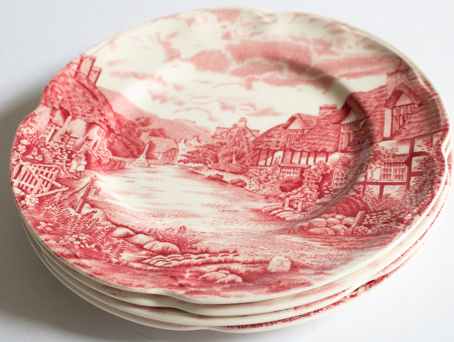 Johnson Bros. 'Olde English Countryside' Pattern 6" Red and White Transferware 7" Side Plates (4)