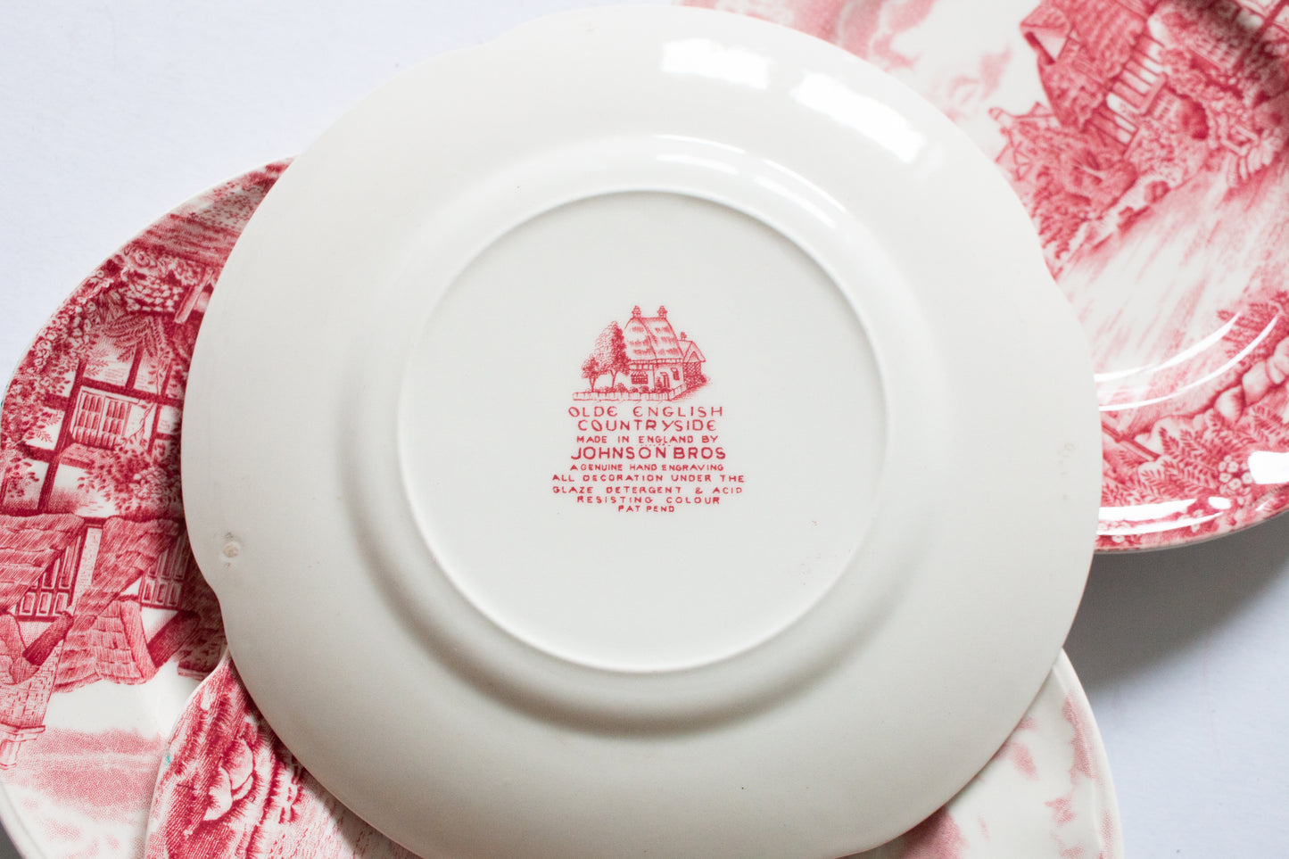 Johnson Bros. 'Olde English Countryside' Pattern 6" Red and White Transferware 7" Side Plates (4)