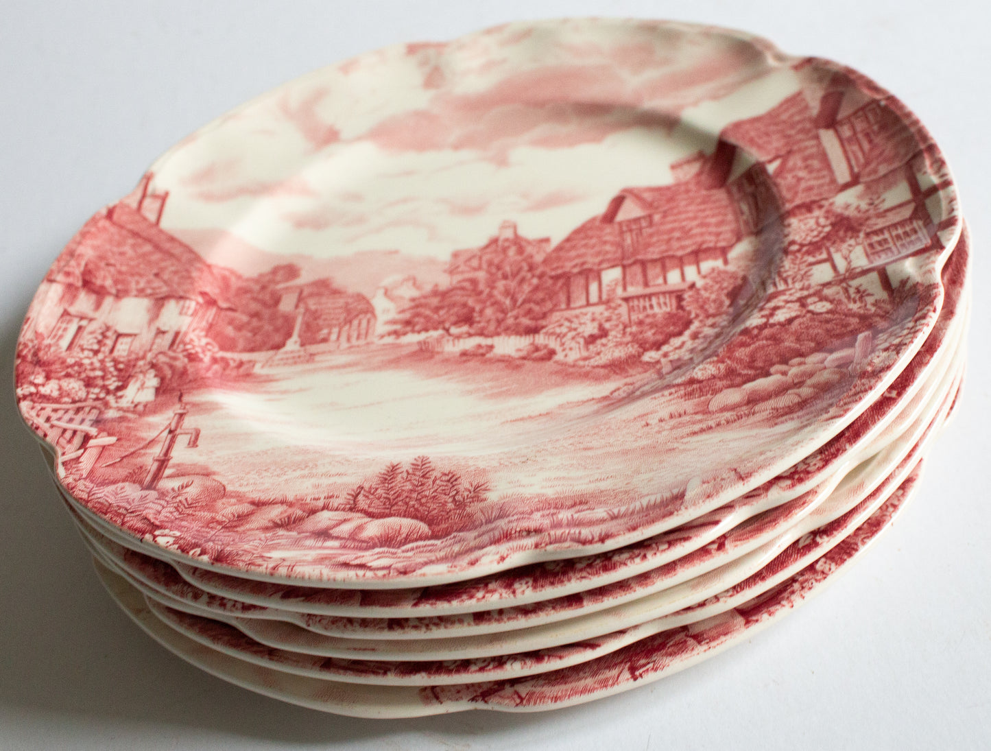 Johnson Bros. 'Olde English Countryside' Pattern 6" Red and White Transferware 9" Coupe Plates (6)