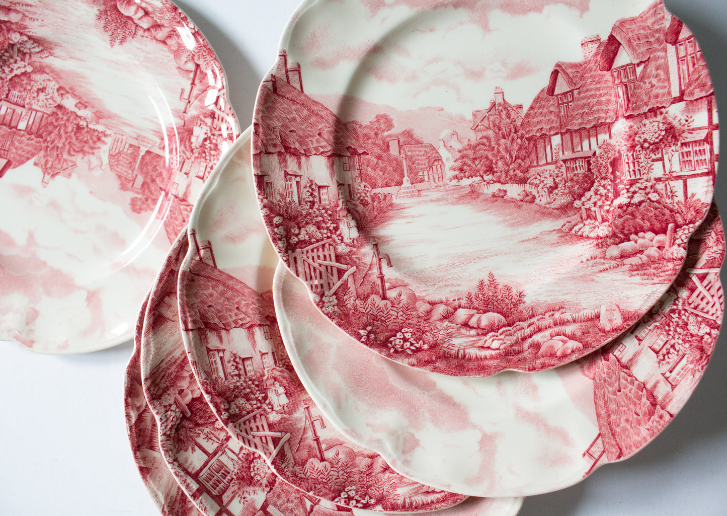 Johnson Bros. 'Olde English Countryside' Pattern 6" Red and White Transferware 9" Coupe Plates (6)