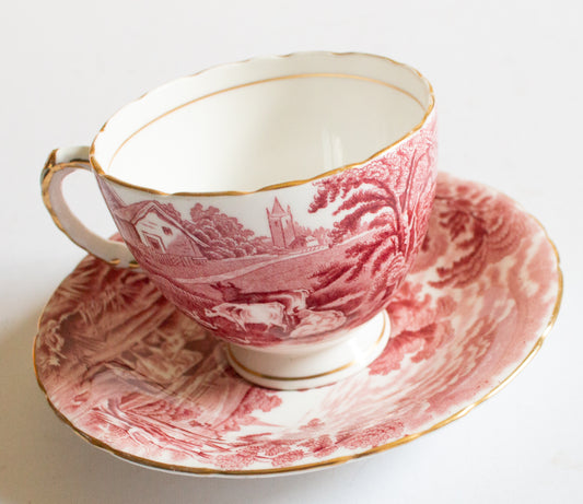 H. M. Sutherland China 'Rural Scenes' Pattern Red and White Transferware Teacup and Saucer