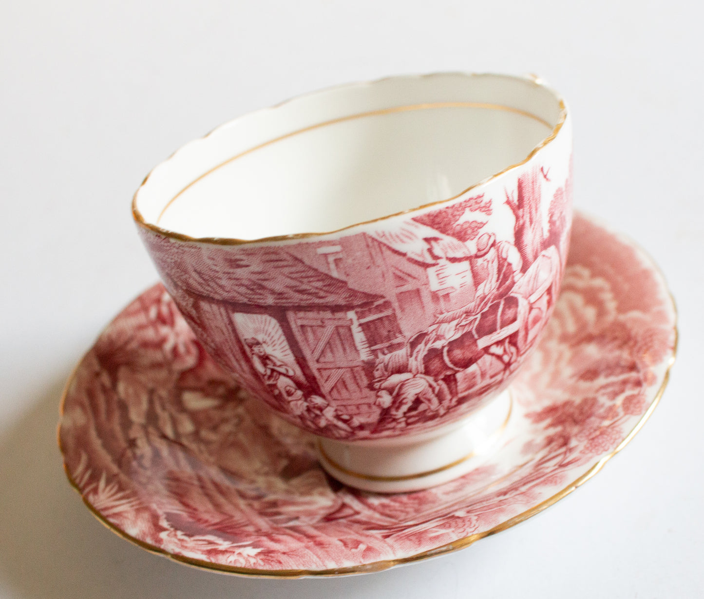 H. M. Sutherland China 'Rural Scenes' Pattern Red and White Transferware Teacup and Saucer