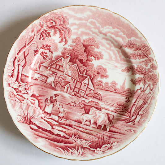 H. M. Sutherland China 'Rural Scenes' Pattern 8" Red and White Transferware Side Plates (4)