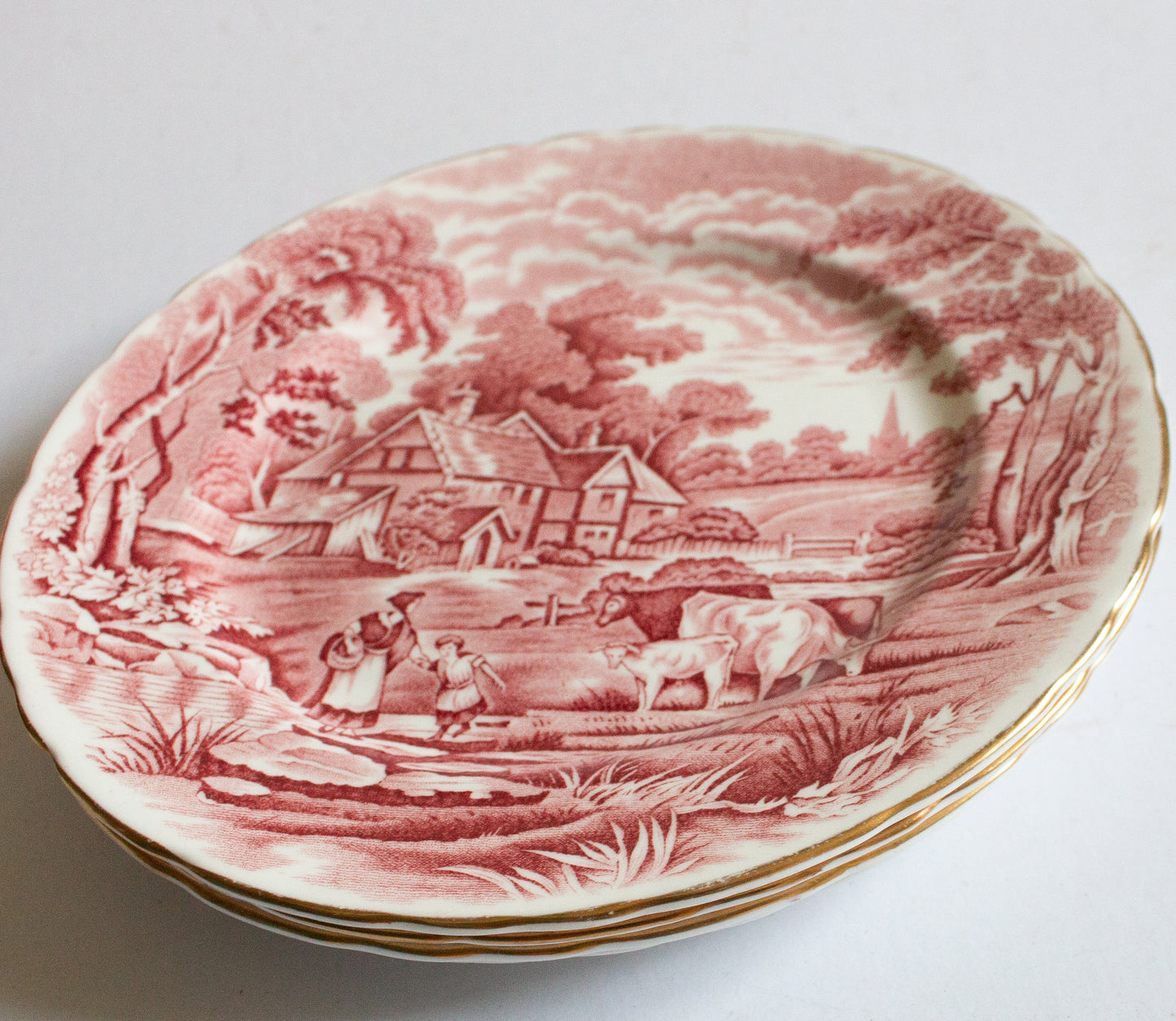 H. M. Sutherland China 'Rural Scenes' Pattern 8" Red and White Transferware Side Plates (4)