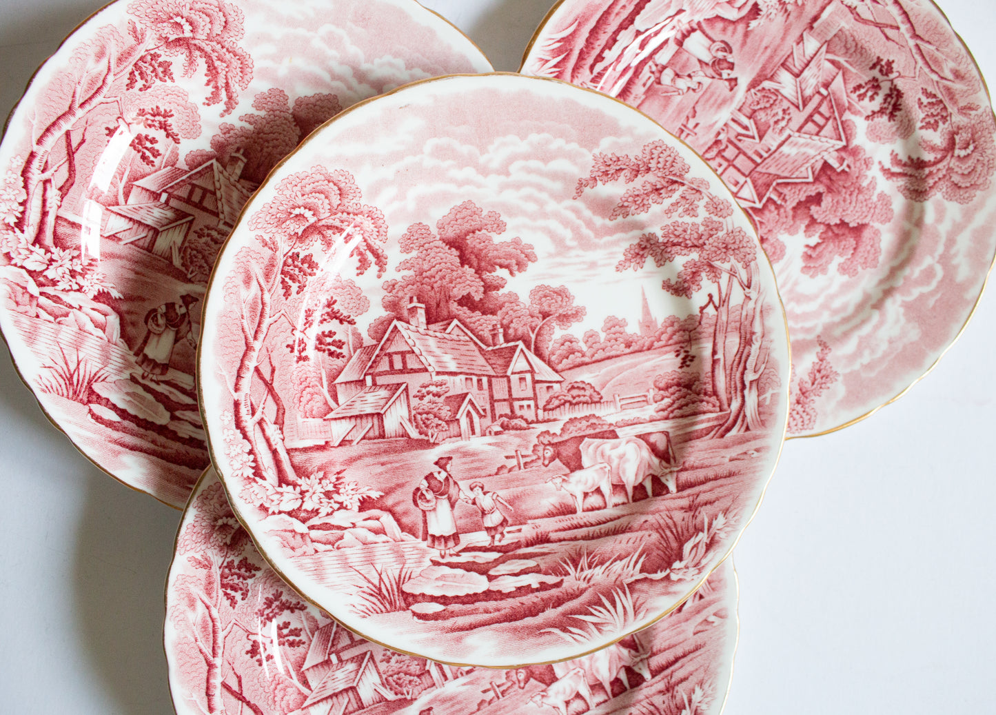 H. M. Sutherland China 'Rural Scenes' Pattern 8" Red and White Transferware Side Plates (4)