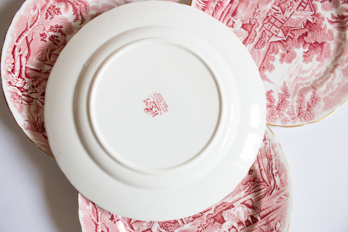 H. M. Sutherland China 'Rural Scenes' Pattern 8" Red and White Transferware Side Plates (4)