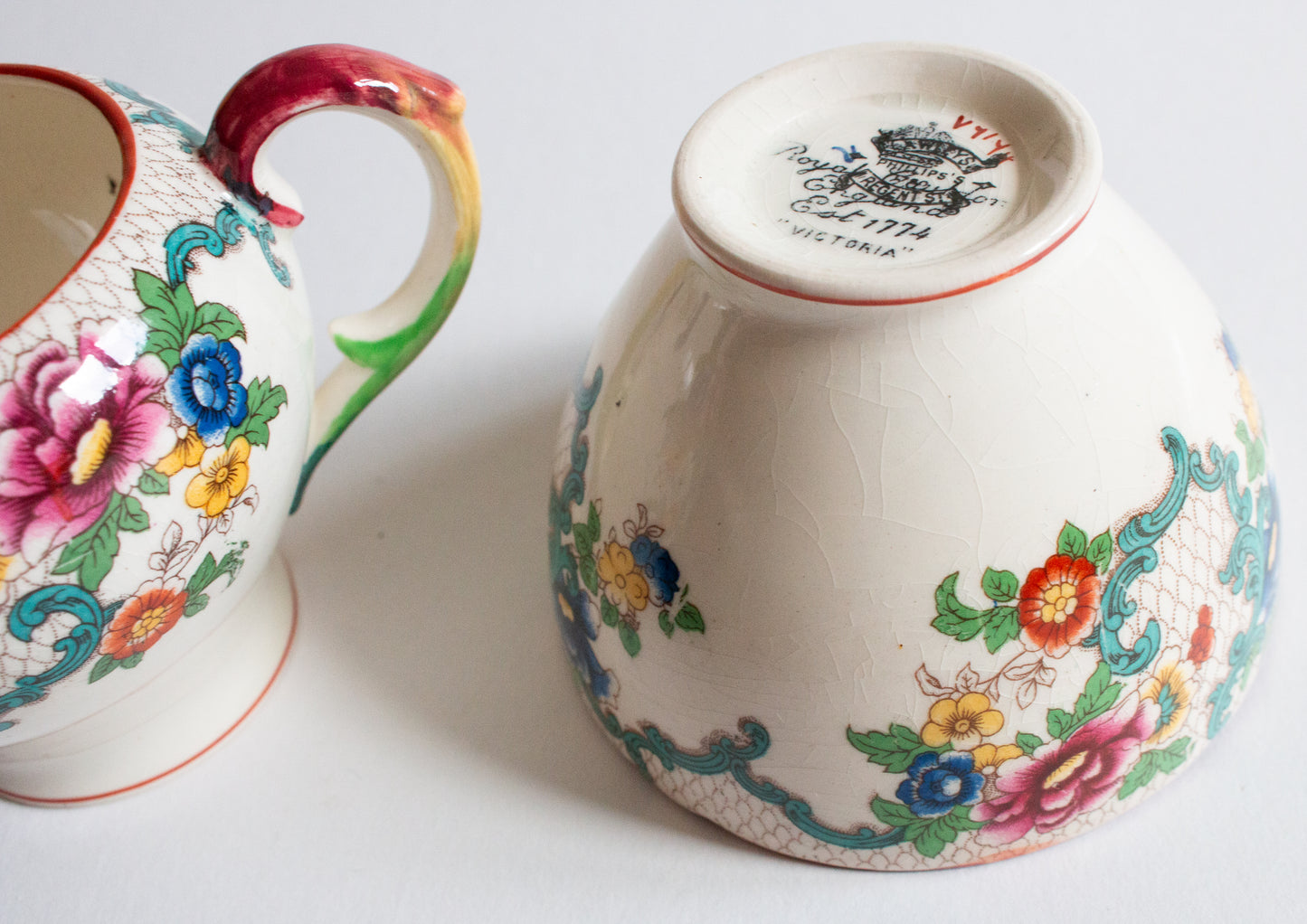 Royal Cauldon England 'Victoria' Pattern Sugar Bowl and Creamer Set