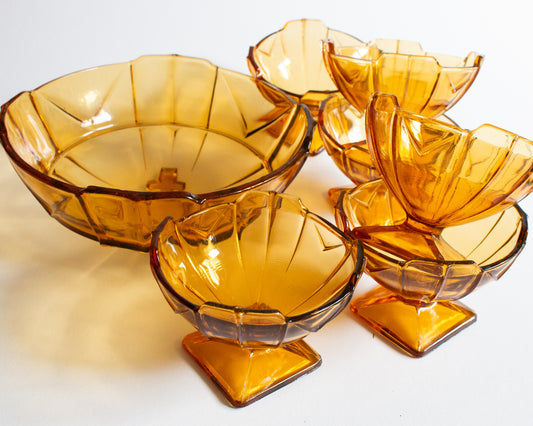 Brown Glass Art Deco Dessert Set for Six