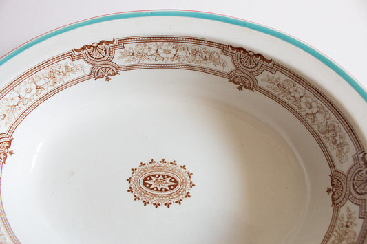 Antique Ashworth Bros. 'Lucerne' Brown and White Transferware Oval Serving Dish with Blue and Brown Trim