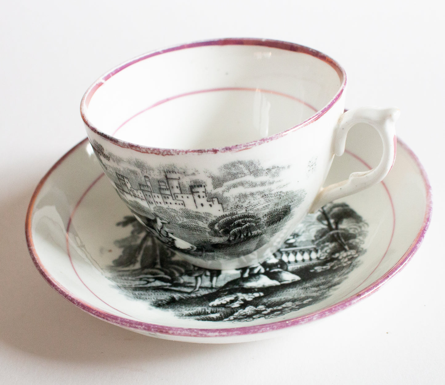 Antique Pink Lustre Teacup and Saucer with Black Transferware Detail