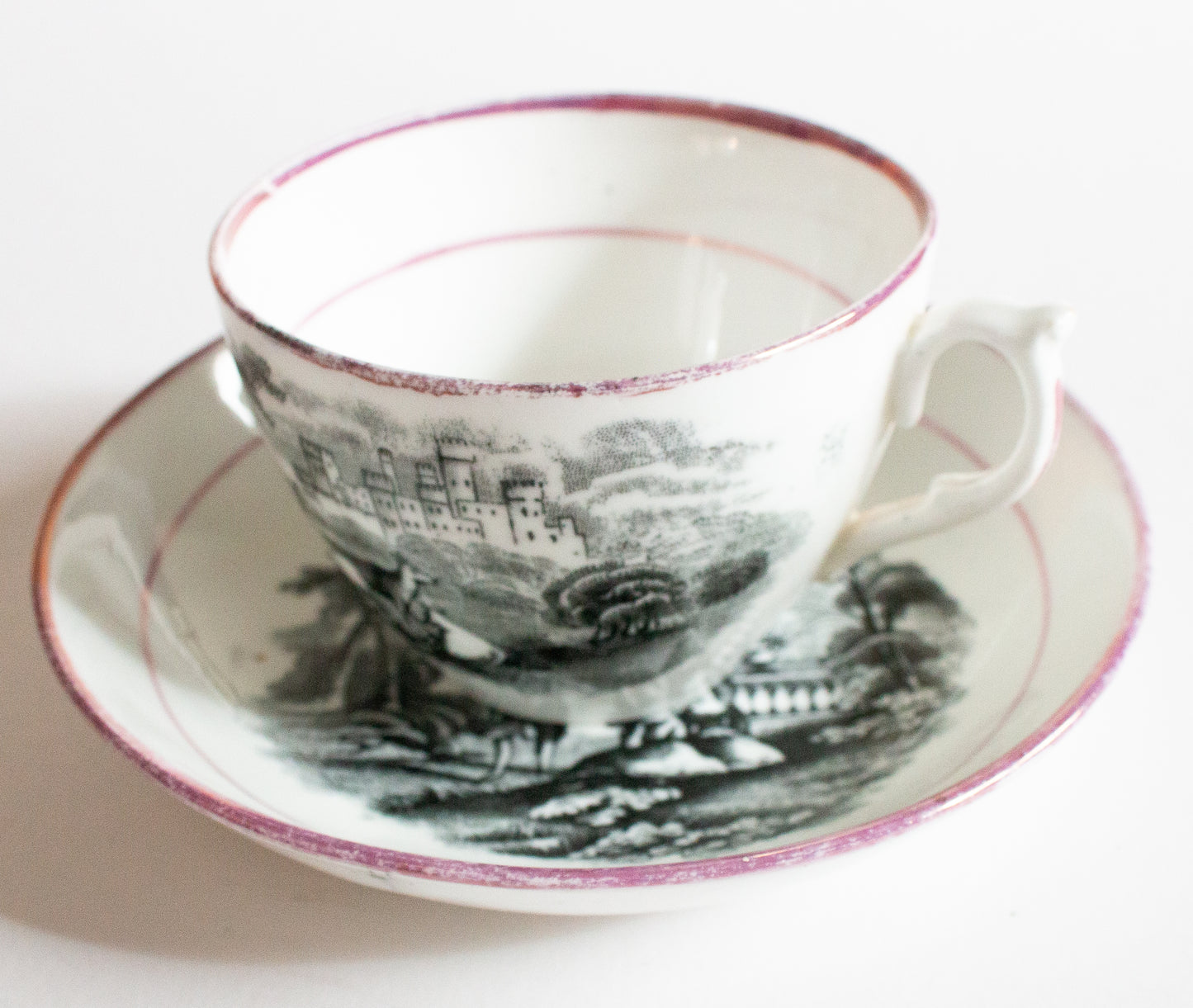 Antique Pink Lustre Teacup and Saucer with Black Transferware Detail