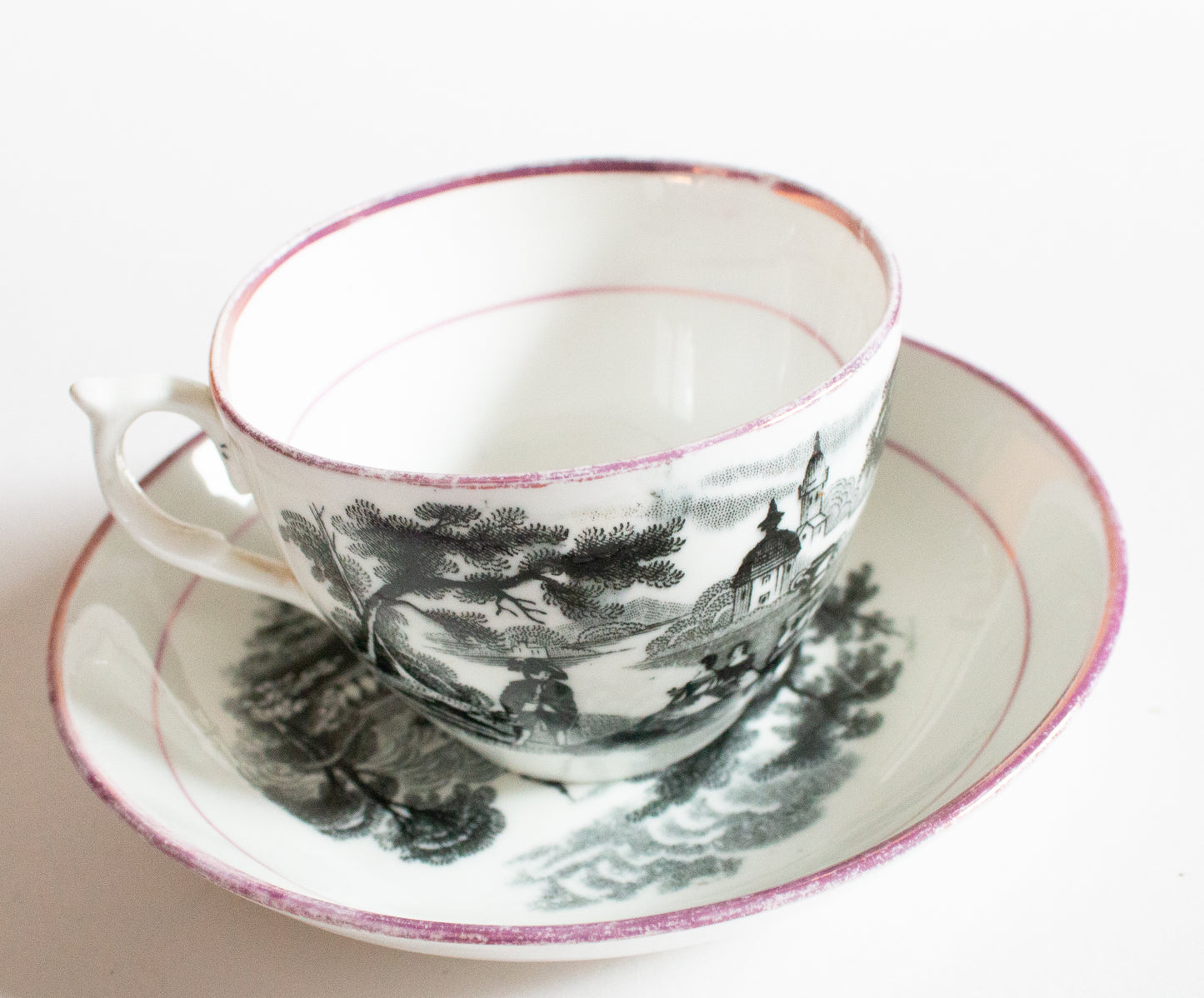 Antique Pink Lustre Teacup and Saucer with Black Transferware Detail