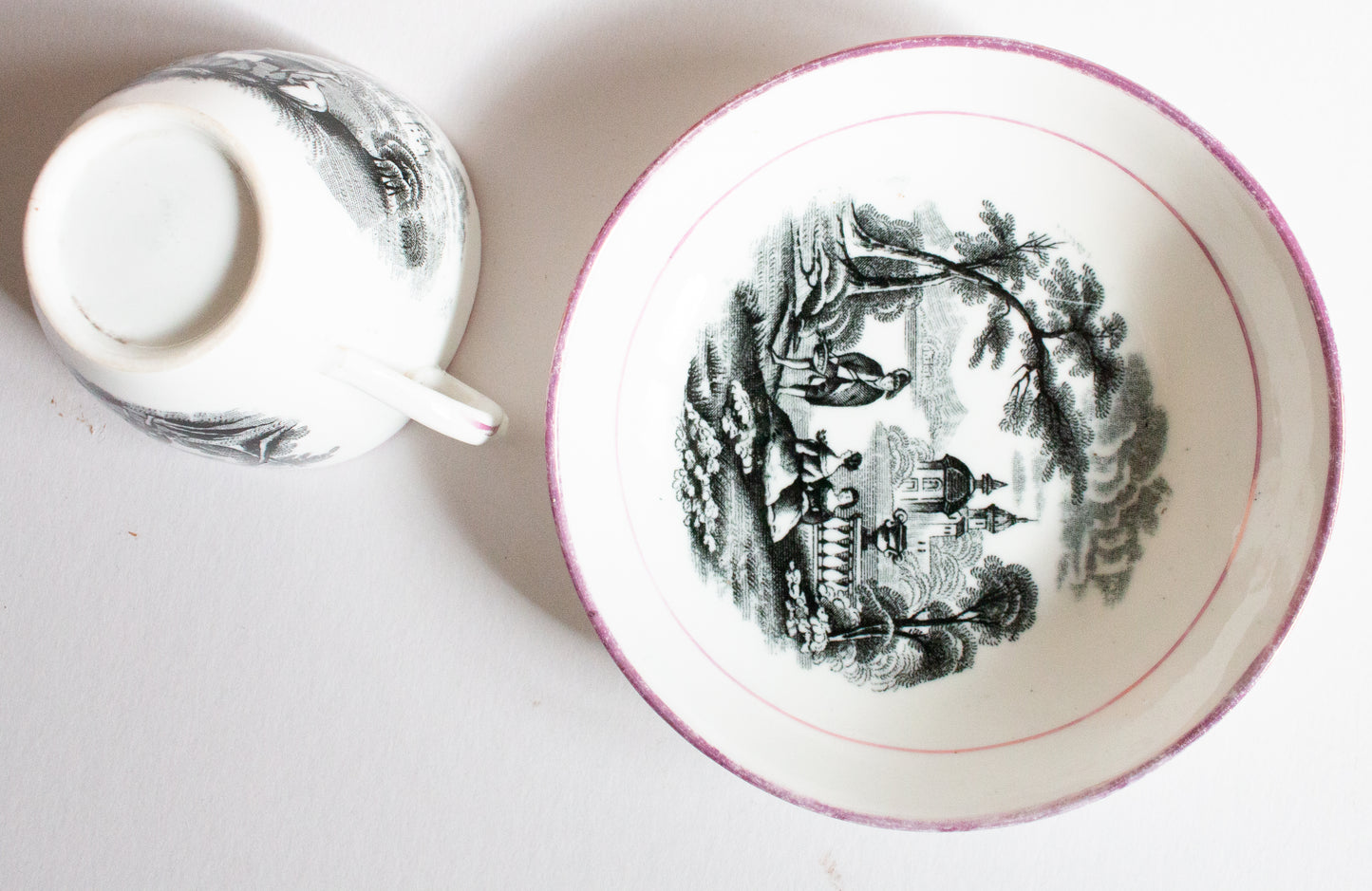 Antique Pink Lustre Teacup and Saucer with Black Transferware Detail