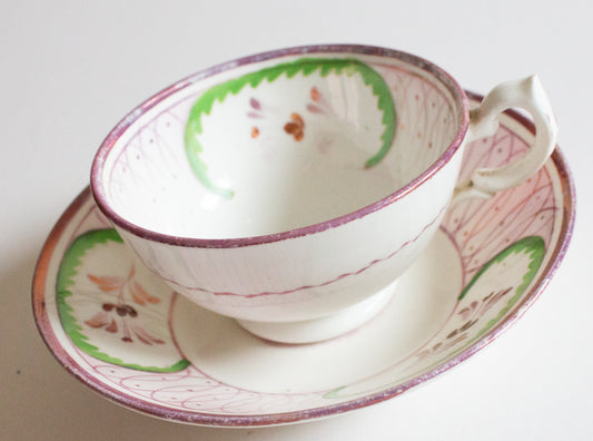 Antique Pink and Green Lustre Teacup and Saucer