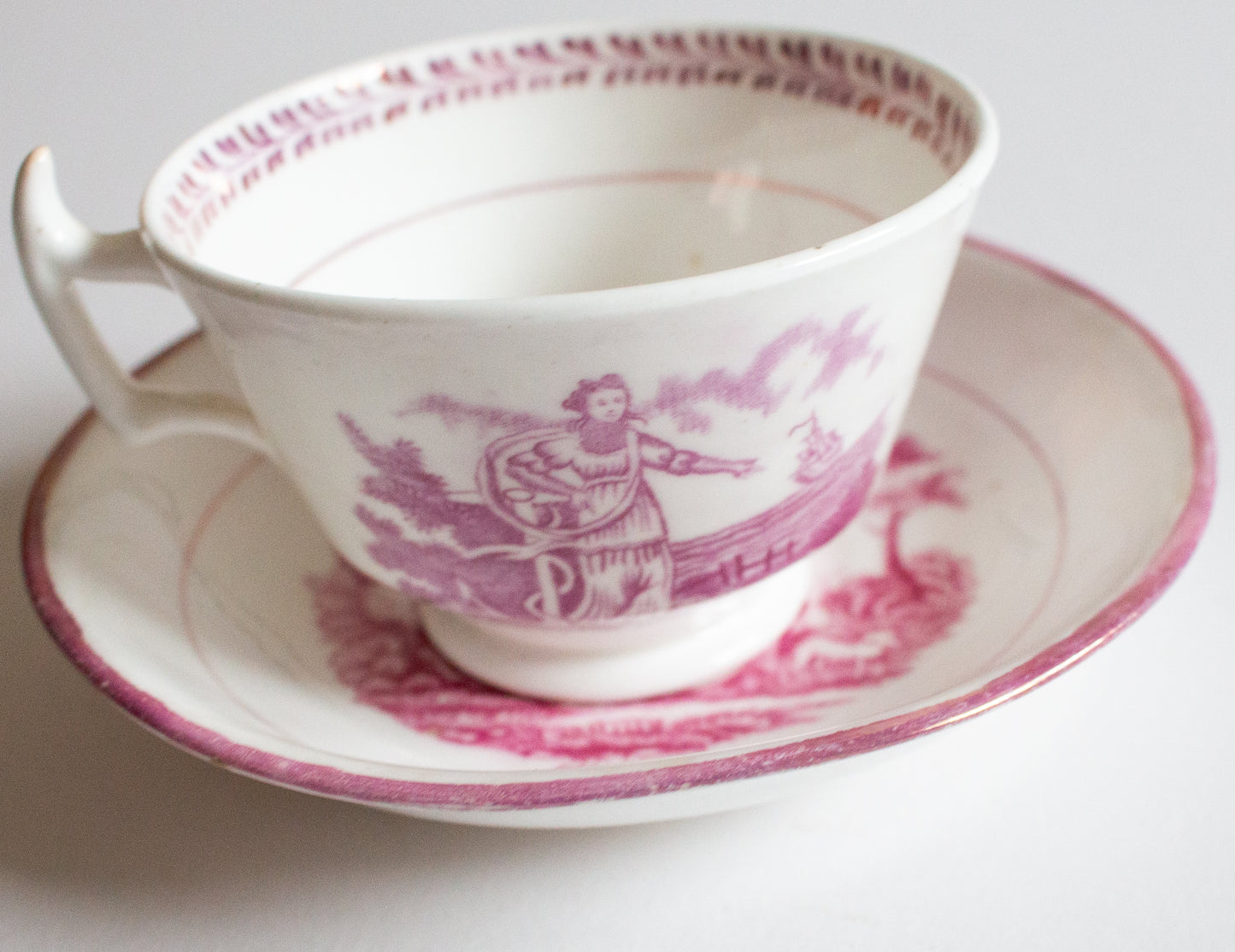 Antique 'Faith, Hope, Charity' Pink Lustre Teacup and Saucer