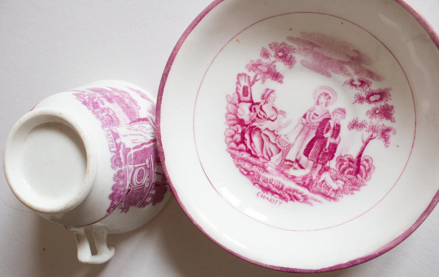 Antique 'Faith, Hope, Charity' Pink Lustre Teacup and Saucer