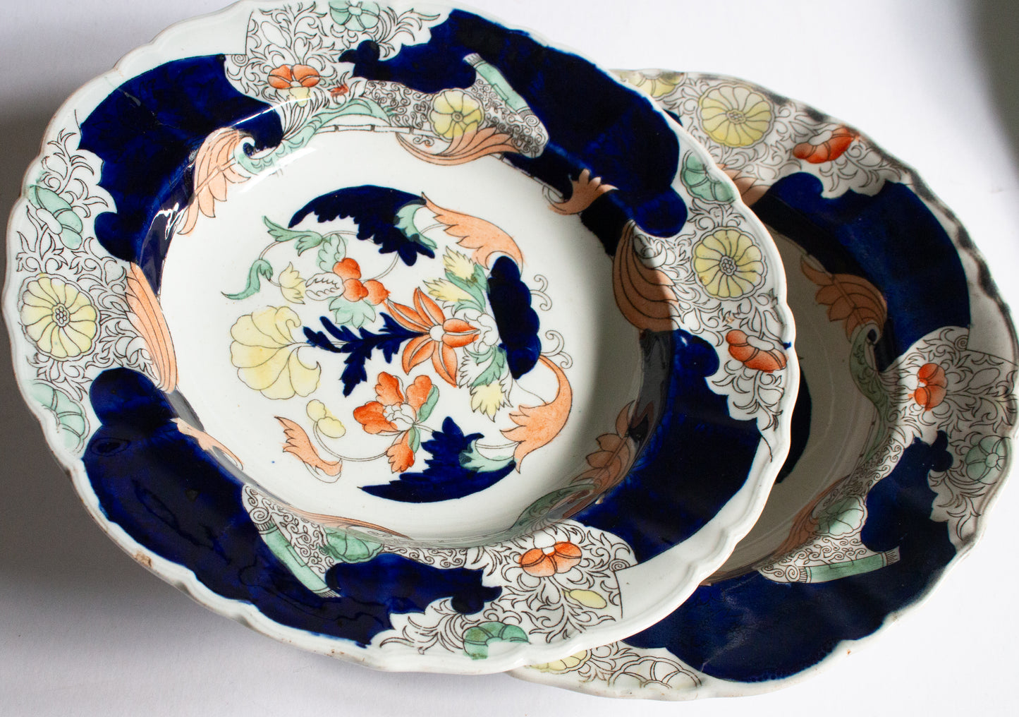 Antique Masons Ironstone China Blue and White 10" Rimmed Soup Plates (2)