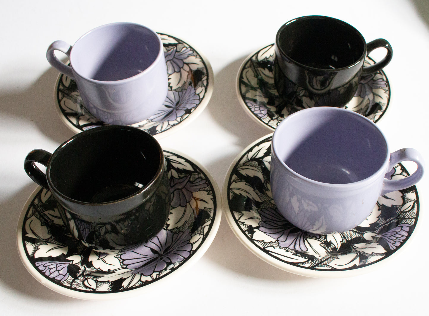 English Ironstone China (EIT) Purple and Black Teacups and Saucers (4)