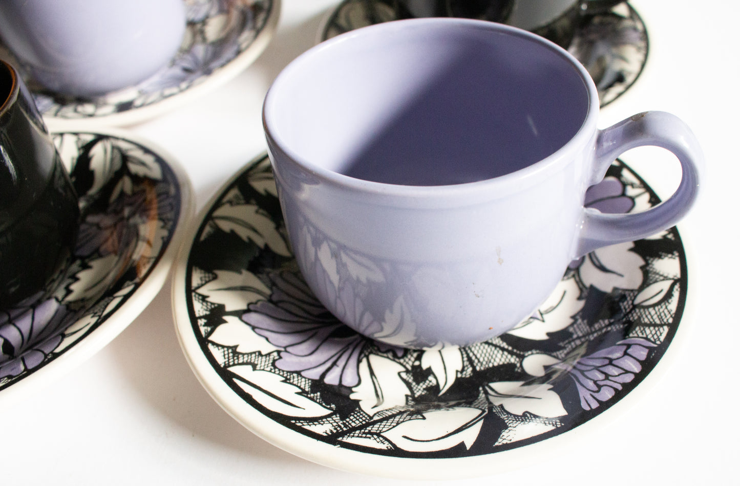 English Ironstone China (EIT) Purple and Black Teacups and Saucers (4)