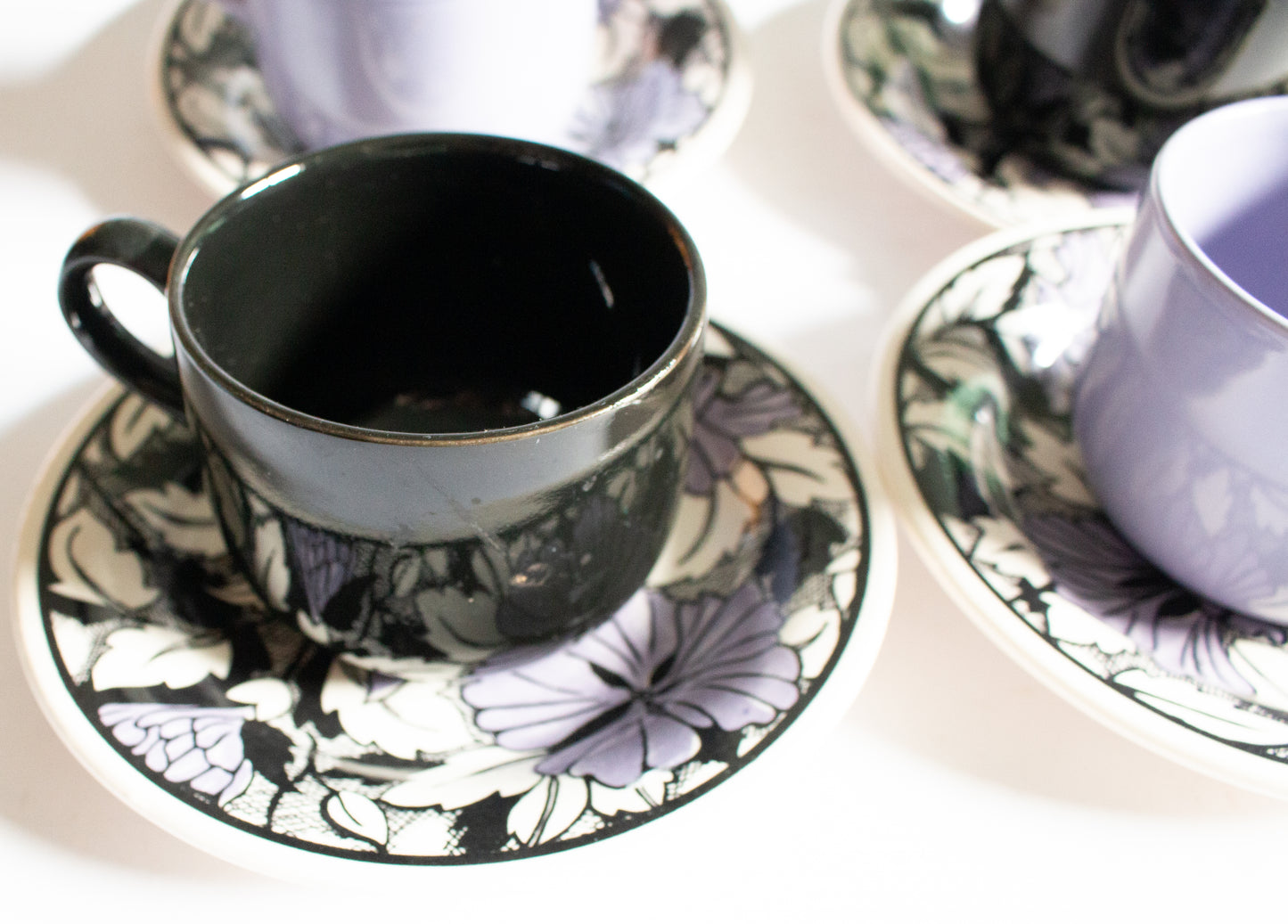 English Ironstone China (EIT) Purple and Black Teacups and Saucers (4)