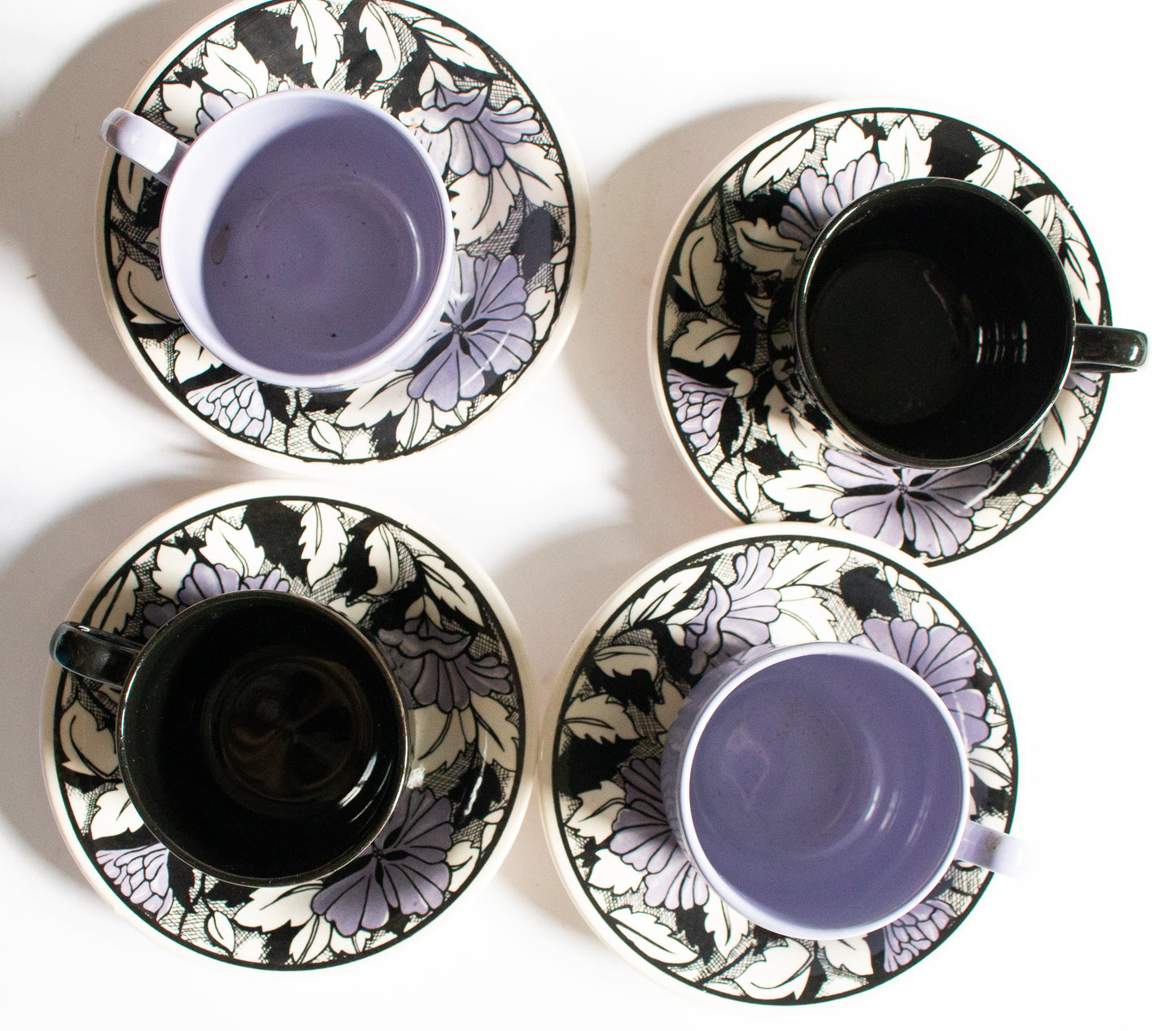 English Ironstone China (EIT) Purple and Black Teacups and Saucers (4)