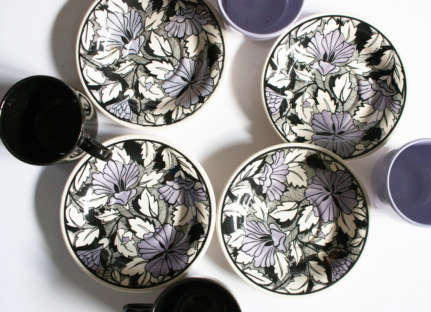 English Ironstone China (EIT) Purple and Black Teacups and Saucers (4)