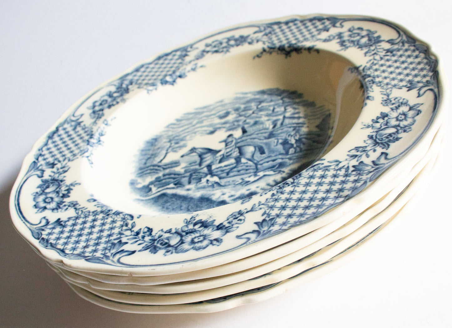 Royal Venton Ware John Steventon & Sons Ltd. Burslem England Blue and White Transferware Rimmed Soup Plates or Bowls (5)