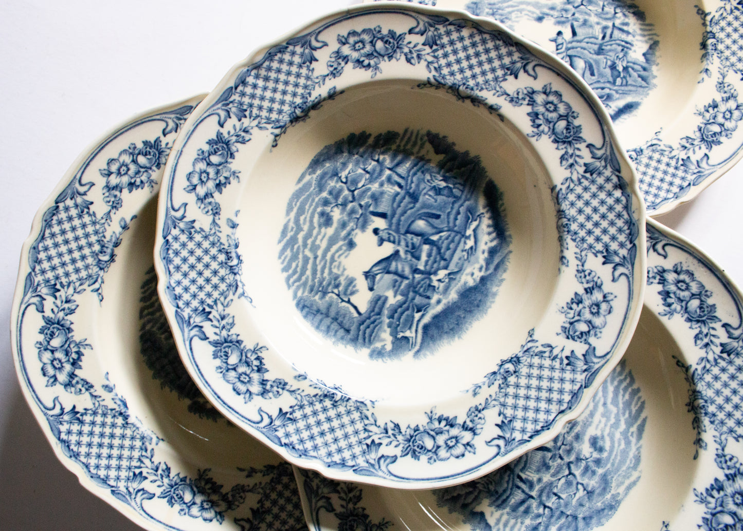 Royal Venton Ware John Steventon & Sons Ltd. Burslem England Blue and White Transferware Rimmed Soup Plates or Bowls (5)