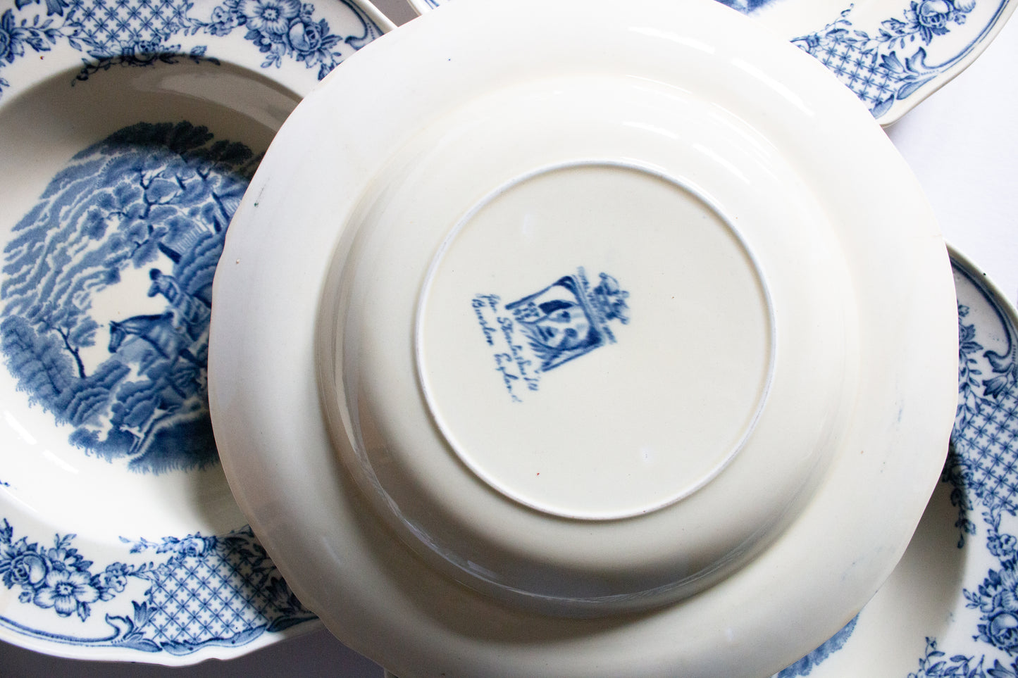 Royal Venton Ware John Steventon & Sons Ltd. Burslem England Blue and White Transferware Rimmed Soup Plates or Bowls (5)