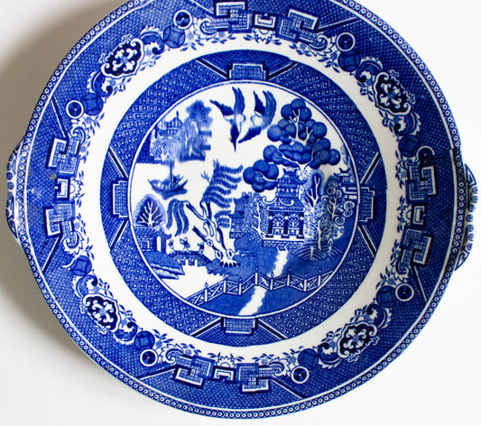 Adderley Ware 'Willow' Pattern Blue and White Transferware 10" Serving Plate with Moulded Handles