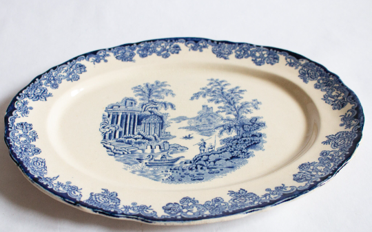 Antique Transferware Small Blue and White Serving Platter with Fishing Scene